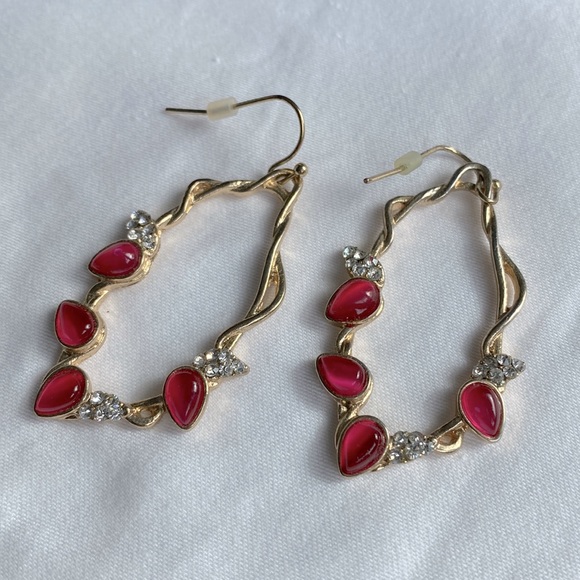 Statement Drop Earrings with Rhinestones and Fuschia - Picture 3 of 3